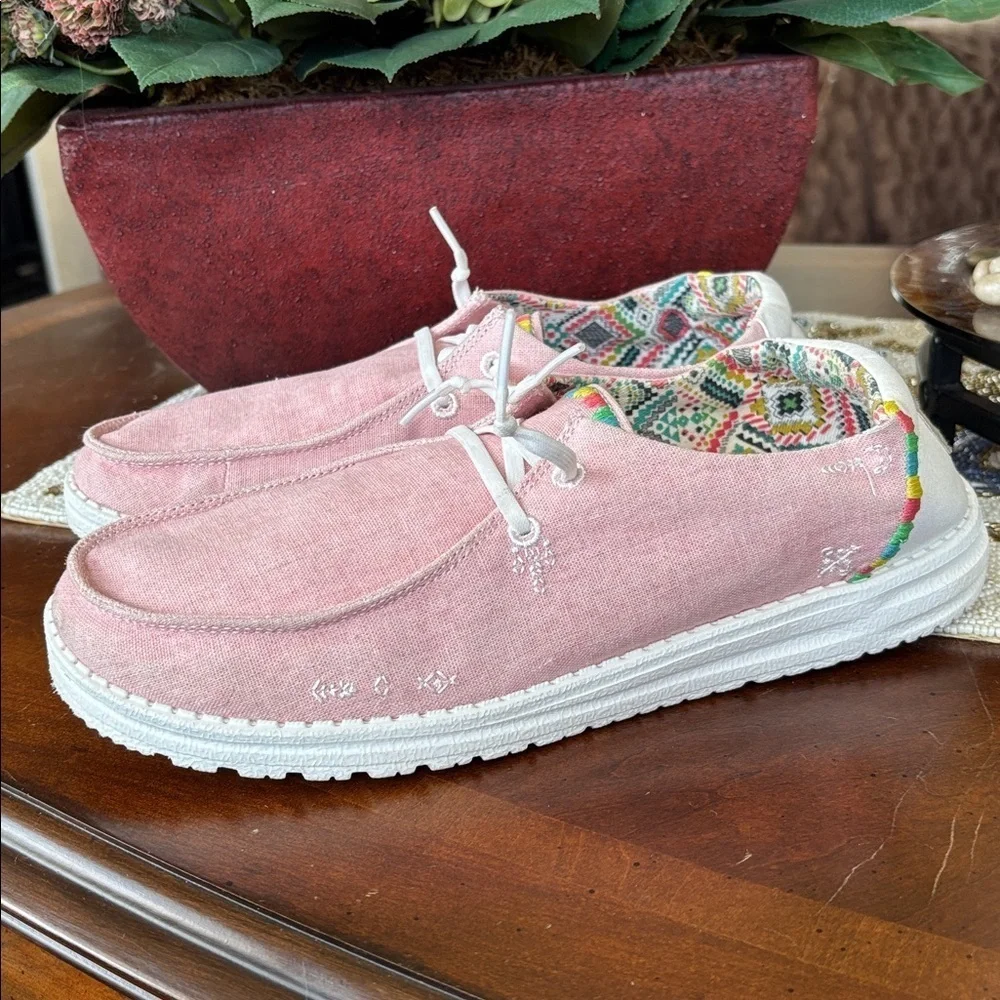 Hey Dude Wendy Boho Rose Pink Lightweight Slip-On Canvas Sneakers Colorful Trim